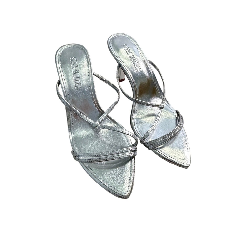 NWOT‎ Steve Madden Senses Silver Metallic Strappy Pointed Toe Heel Mules 7 M New